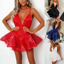 Women Dress Female Sequined Glitter V Neck Mini Clubwear Backless High Waist Ball Gown Sexy Ladies Party Clothing 210522