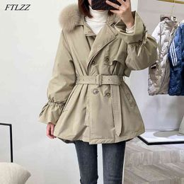 Winter Women White Duck Down Coat Double-breasted Windbreak Jacket Thick Warm Snow Parka Outwear with Belt 210423