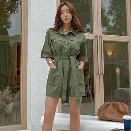 High quality Casual Playsuit Woman Belt Tunic Green Solid Summer Elegant Jumpsuit Short Overalls For Women 210529