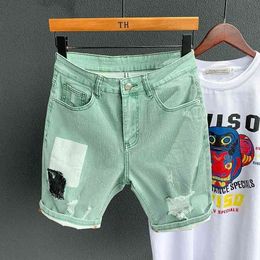 Green denim short Men Short Summer Cargo jeans short Men Casual Brand Classic Beach Men hole Ripped Shorts Bermuda 210329