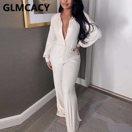 Women Long Sleeve Casual Loose Jumpsuit Button Down Solid Wide Leg Pants Overalls Jumpsuits 210702