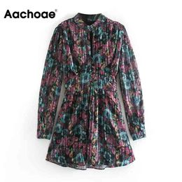 Aachoae Floral Print Vintage Mini Dress Stand Collar Retro Pleated Dress Long Sleeve Hollow Out Boho Dress Vestido De Mujer XS-L 210413