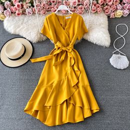 summer vinatge elegant Dress solid Colour V-neck mid-length waist irregular fishtail dress women vestidos Ruffles 210420