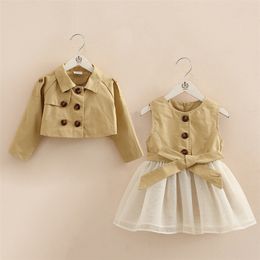 Autumn Fashion 3 4 6-10 Years Long Sleeve Coat+Vest Mesh Dresses Button Bow Design For Kids Baby Girls Dress 2 Pcs Set 210625