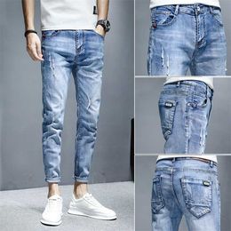 Wholesale teenagers Denim Jeans men's Korean feet brand stretch trousers summer thin casual ripped ankle length pants 211111