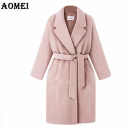 Women Winter Wool Coats Pink Gray Wear to Work Office Lady Outwear with Sashes Clothing Fall Spring Overcoat Cape 210416