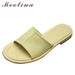 Meotina Women Slippers Shoes Natural Genuine Leather Sandals Flat Slides Round Toe Sheepskin Ladies Footwear Summer Yellow 210608