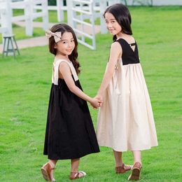2021 Summer New Girls Dresses Bow Baby Princess Dress Two Colors Patchwork Sleeveless Kids Cotton Dresses for Children, #8291 Q0716