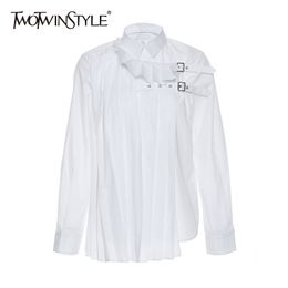 Casual White Patchwork Button Shirt For Women Lapel Long Sleeve Pleated Blouse Female Fashion Clothing 210524