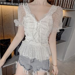 Elegant Sequined Sexy Women Blouses Solid Lace V Neck Puff Sleeve Blusas Spring Summer Shirt Fashion Korean 16219 210415
