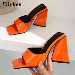 Nxy Slippers Eilyken Summer Orange Black Triangle Thick Heel Sexy Street Woman Party Peep Toe Dress Shoes Size 35-41 0210