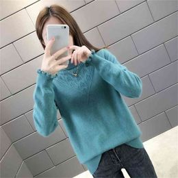 Turtleneck Loose Long-sleeved Sweater Female Hollow Ruffle Fashion Casual Bottoming Knitted Jumpers Pullover Spring Autumn 210427