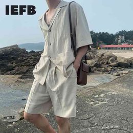 IEFB Men's Cotton Linen Short Sleeve Shirt Suit + Loose Wide Leg Shorts Summer Casual Men's Comformation Two Pieces Set 9Y7202 210524