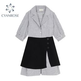 Half Sleeve Striped Shirt Dress And Skirts Outfits Women Cardigan Blouses Frocks Female Stylish Office Ladies Chic 2 Pieces Sets 210515