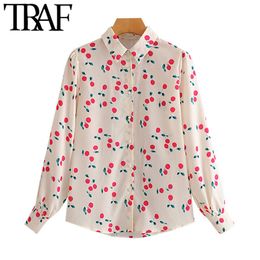 TRAF Women Fashion Cherry Print Loose Blouses Vintage Long Sleeve Button-up Female Shirts Blusas Chic Tops 210415