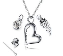 Dog Tag ID Card Stainless Steel Urn Pendant Necklace with Birthstone Crystal Angel Wings Ash Heart Memorial Chain Silver