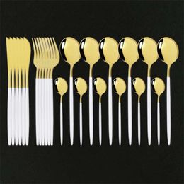 24Pcs/Set Stainless Steel Dinnerware White Gold Cutlery Knife Fork Tea Spoon Dinner Kitchen Tableware Silverware 210928
