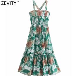 Women Fashion Tropical Leaves Print Pleat Ruffles Cross Strap Midi Dress Female Back Zipper Casual Boho Vestido DS8249 210420