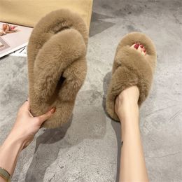 Street Solid Cross Band Ladies Fluffy Slippers Winter Bedroom Girls Plush Shoes Fashion House Women Fur Slippers Y1120
