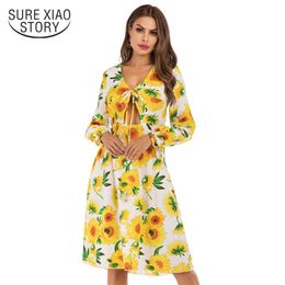 vestido Knee-Length dress robe femme vestidos de verano summer dress V-neck lace-up belly long-sleeved sun flower dress 3844 50 210528