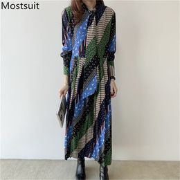 Spring Vintage Korean Printed Long Maxi Pleated Women Dress Sleeve Bow Collar Loose Waist Fashion Female Dresses Mujer 210513