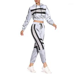 Women's Tracksuits 2 Pcs Women Reflective Outfits Adults Long Sleeve Colour Block Hooded Crop Top Pants With Drawstring Clothes Sets1