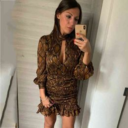 Snake Print Gold Bodycon Party Dress Women Ruffle Ruched Button Ladies Short Dress Lantern Sleeve Vintage Winter Dress 210415