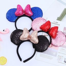 13 Colours Girl Cute Black Mouse Sequin Crown Ears Hairband Bow Kids Bling Glitter Hair Sticks Bands Holiday Accessories For Children M3701