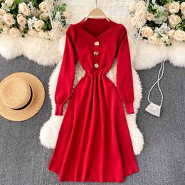 SINGREINY Women Design Korean Knitted Dress V Neck Button Long Sleeve A-line Office Dress Autumn Winter Solid Warm Sweater Dress 210419