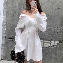 Spring Summer Korean Casual Mini Dresses Fashion Women Cothes Long-sleeved Shirt Dress Temperament Waist Slim Robes 210514