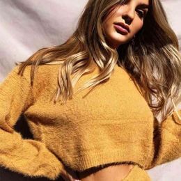 knitted cropped pullover sweater women autumn winter vintage lantern sleeve yellow fuzzy short jumper fluffy pull 210415