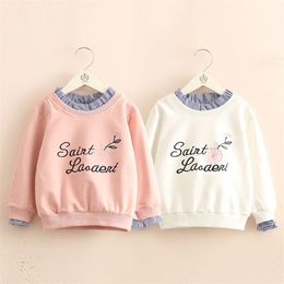 Spring Autumn 3-11 12 Years Child Teenage Hoodies Crew-Neck Letter Print Kids Baby Girl Patchwork Fake 2 Pcs Sweatershirts 210414