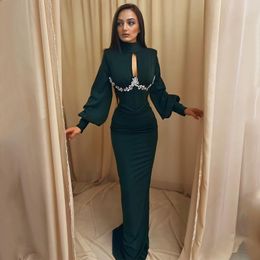 Green Mulsim Evening Dresses High Collar Long Sleeve Formal Gown Lace Appliques Ruched Satin Prom Dress 2022