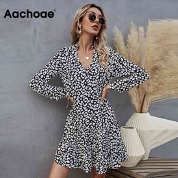 Leopard Print Mini Autumn Summer V Neck Loose Beach Pleated Dress Long Sleeve Sundress Vestito Da Donna S-XL 210413