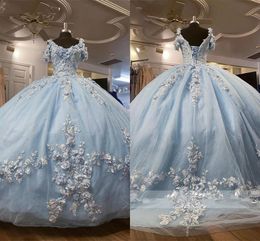 Light Blue Tulle Quinceanera Dresses With Flowers 2022 Floral Applique Beads Off The Shouler Prom Graduation Dress Short Train