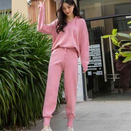 High Quality Spring Tracksuit Woment Knitted 2 Piece Set Casual Pants Suits Hooded Pullovers Sweater Loose Sportwear 210514