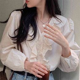 Spring Autumn Women's Blouse Top Korean Style Solid Color V-neck Single-breasted Ruffled Long Sleeve es LL381 210506