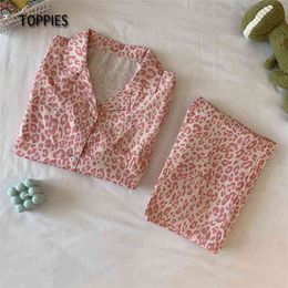 Pink Leopard Printing Pyjamas Women Cute Sleepwear Japan Kawaii Clothes Female Two Pieces Set 210421