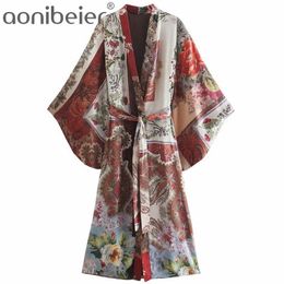 Female Summer Casual Holiday Beach Wear Printed Kimono Shirts Extreme Sleeves Mid Length Women Loose Shirt with Belted 210604