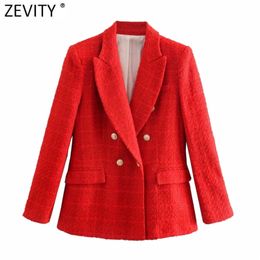Women England Style Double Breasted Texture Tweed Woollen Blazer Coat Office Ladies Long Sleeve Red Suits Chic Tops CT696 210416