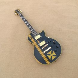 Matte body Electric Guitar With Yellow Striped Cross,Black Hardware,Special Frets Inlay,can be Customised