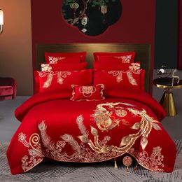 Bedding Sets Luxury Golden Phoenix Loong Embroidery Chinese Wedding Red Pure Cotton Set Duvet Cover Bed Sheet Bedspread Pillowcases