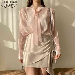 Summer Long Sleeve Blouse Fashion V-neck Chiffon Women Tops Lace-up Sunscreen s Bow Clothes Blusas 13863 210506