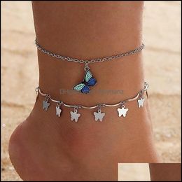 Anklets Jewelry 2Pc Bohemian Womens Anklet Metal Fashion Casual Butterfly Pattern Alloy Bracelet Exquisite Aesthetic Drop Delivery 2021 Wq19