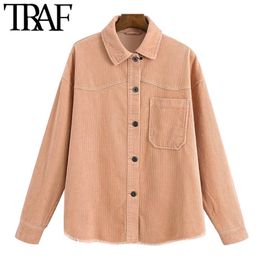 TRAF Women Fashion Pockets Oversized Corduroy Jacket Coat Vintage Long Sleeve Frayed Hem Female Outerwear Chic Tops 210415