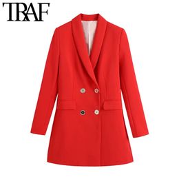 TRAF Women Fashion Office Wear Double Breasted Blazer Coat Vintage Long Sleeve Flap Pockets Female Outerwear Chic Veste 211019