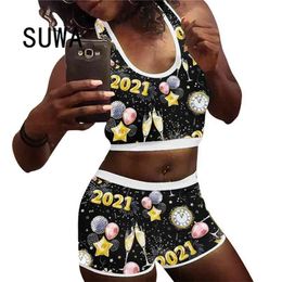 Sexy 2 Pieces Set Homewear Women O-Neck Sleeveless Star Print Crop Tops High Waist Shorts Sports Workout Outfit Tracksuit 210525