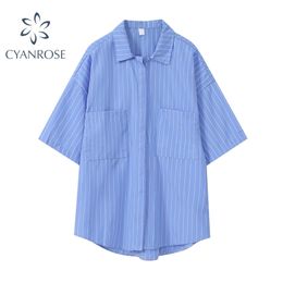 Boyfriend Style Blouse Tops Women Striped Oversized Loose Short Sleeve Blue Cardigan Shirts Summer Harajuku Female 210515