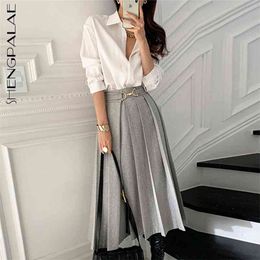 Lapel Loose Long Sleeve Shirt + High Waist Ring Button Woolen Pleated Skirt Two Piece Sets For Women In Spring 5A1307 210427