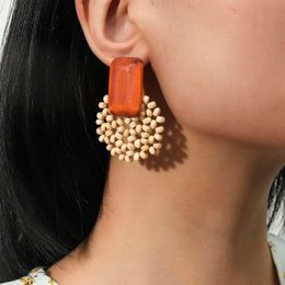 Fashion Female Geometric Round Square Handmade Wooden Beaded Drop Earrings For Women Bohemian Wooden Dangle Earring Jewellery